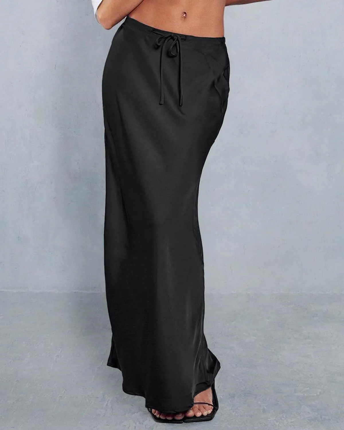 Women's Satin Maxi Skirts Drawstring High Waist Silk Elegant Flowy Casual A-Line Long Skirt for Women