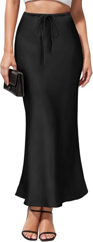 Women's Satin Maxi Skirts Drawstring High Waist Silk Elegant Flowy Casual A-Line Long Skirt for Women
