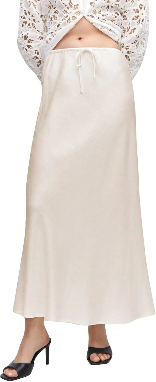 Women's Satin Maxi Skirts High Waist Silk Elegant Flowy Casual A-Line Long Skirt Cocktail Party Weekend Midi Skirt