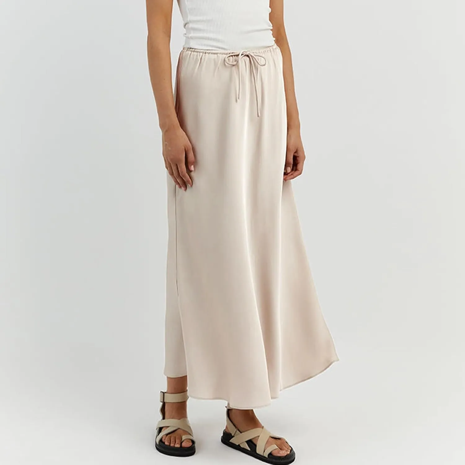 Women's Satin Maxi Skirts High Waist Silk Elegant Flowy Casual A-Line Long Skirt Cocktail Party Weekend Midi Skirt