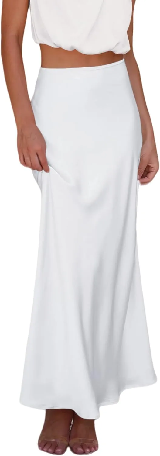 Womens Satin Silky High Waist Maxi Skirt Elegant Flowy A Line Long Skirt Zipper Bodycon Mermaid Skirt