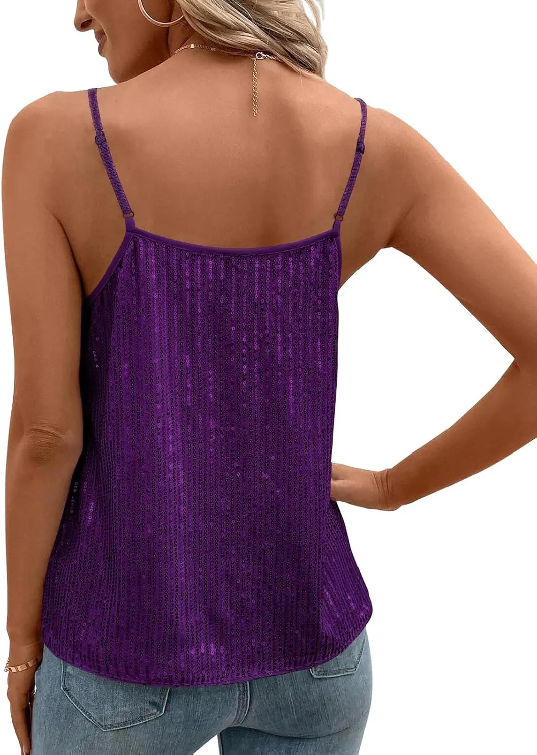 Womens Sequin Top V Neck Strappy Sparkle Camisole Glitter Sleeveless Tanks Tops