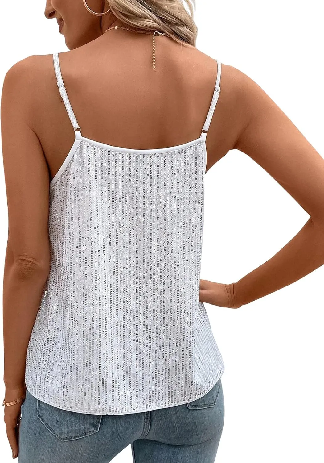 Womens Sequin Top V Neck Strappy Sparkle Camisole Glitter Sleeveless Tanks Tops
