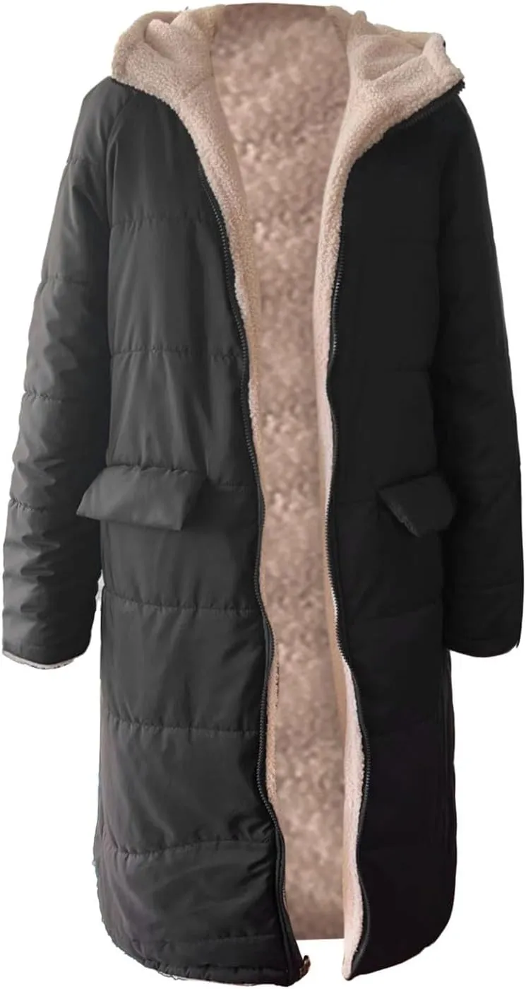 Womens Sherpa Wool Lined Puffer Jacket Double Faced Long Sleeve Hooded Down Jacket Thickened Thermal Long Overcoat