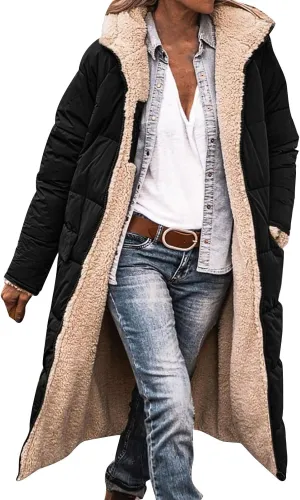 Womens Sherpa Wool Lined Puffer Jacket Double Faced Long Sleeve Hooded Down Jacket Thickened Thermal Long Overcoat