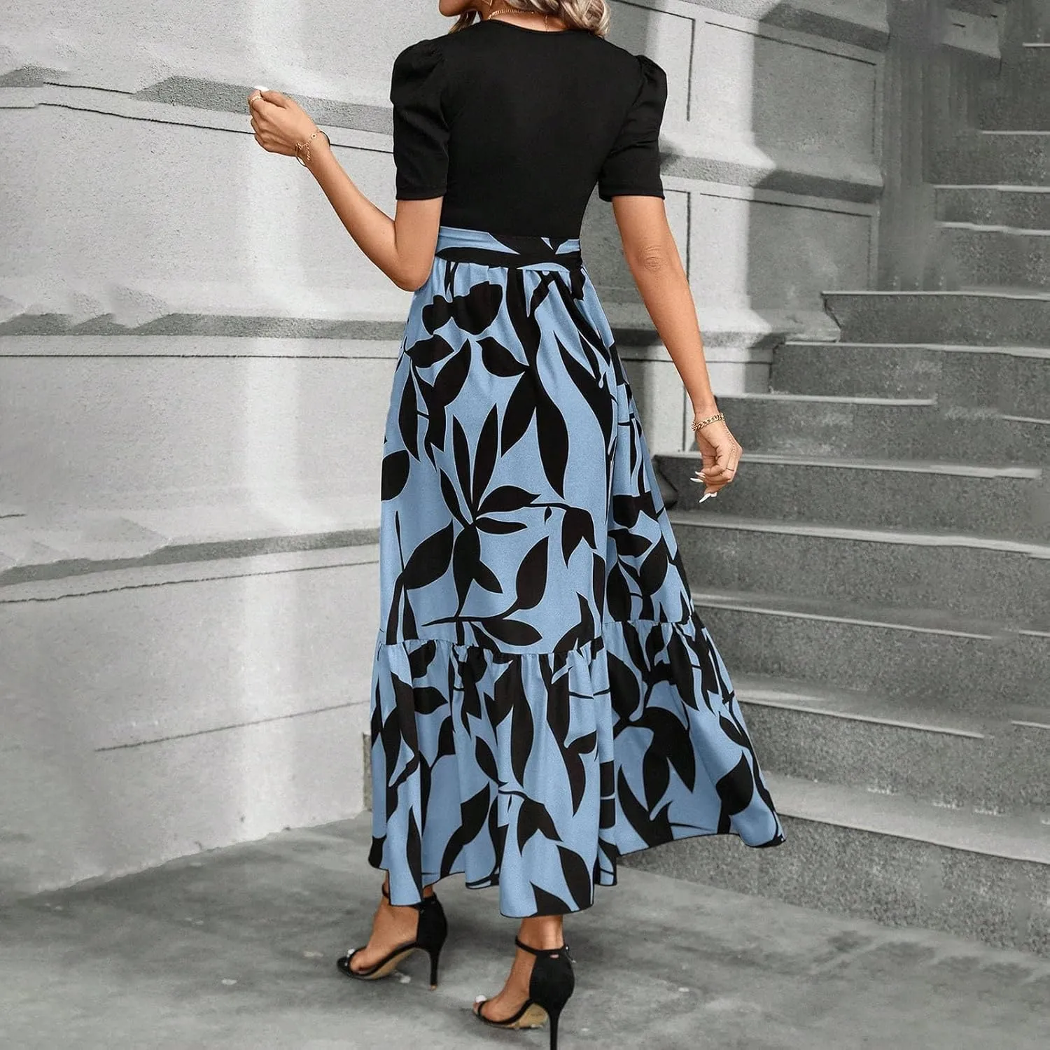 Womens Short Sleeve Maxi Dresses Casual Summer Floral Printed Dress Crewneck Flowy Midi Dress Work Dresses with Belt