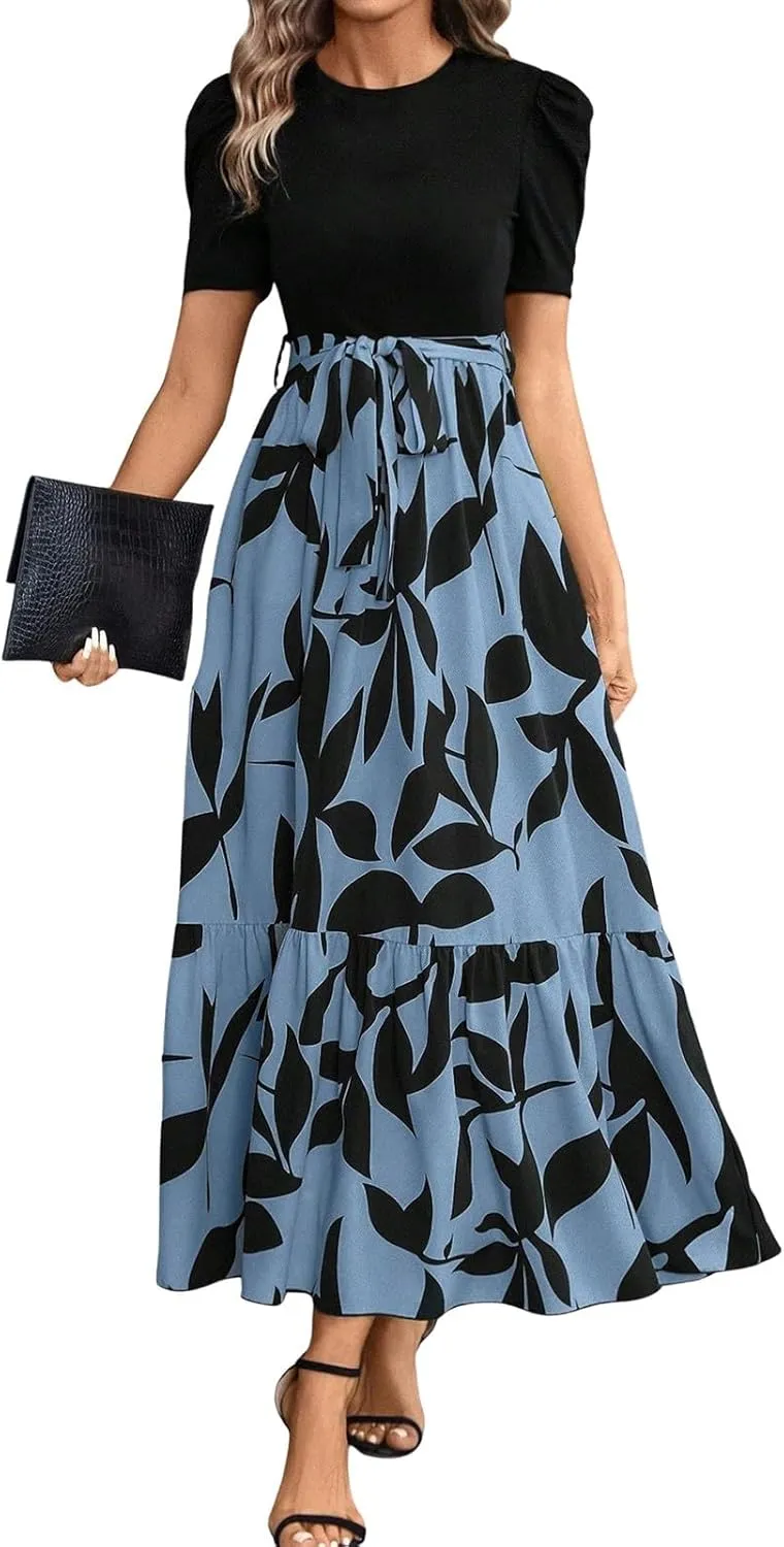 Womens Short Sleeve Maxi Dresses Casual Summer Floral Printed Dress Crewneck Flowy Midi Dress Work Dresses with Belt
