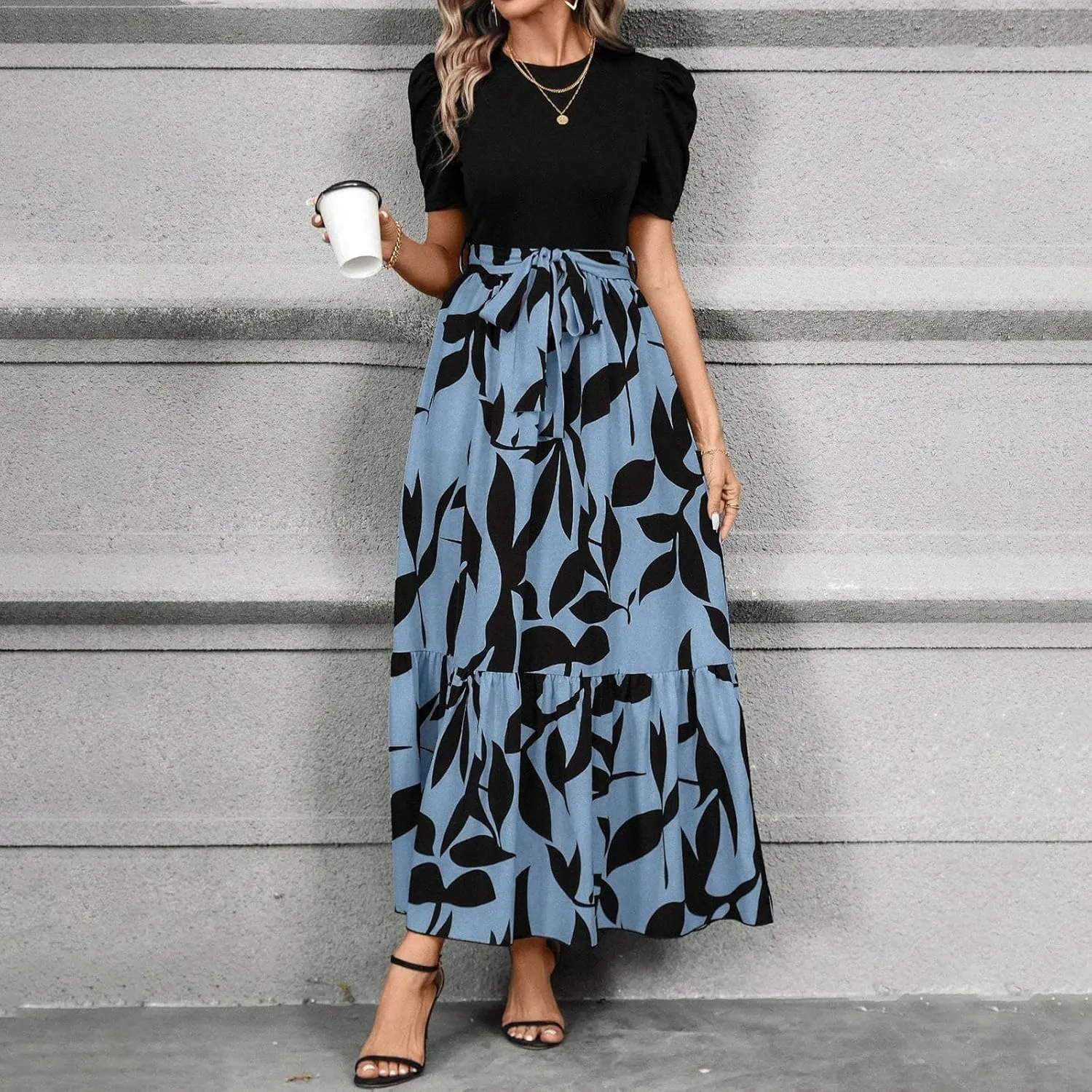 Womens Short Sleeve Maxi Dresses Casual Summer Floral Printed Dress Crewneck Flowy Midi Dress Work Dresses with Belt