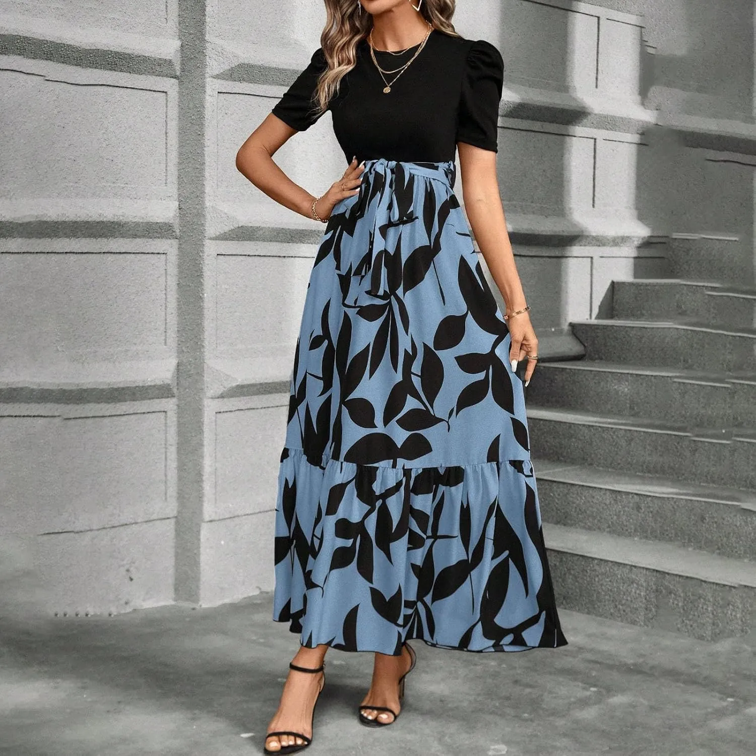Womens Short Sleeve Maxi Dresses Casual Summer Floral Printed Dress Crewneck Flowy Midi Dress Work Dresses with Belt