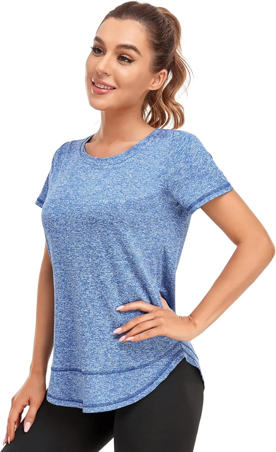 Women's Short Sleeve Workout Shirts Crewneck Sports Yoga Running Dry Fit Tops Side Split Tee