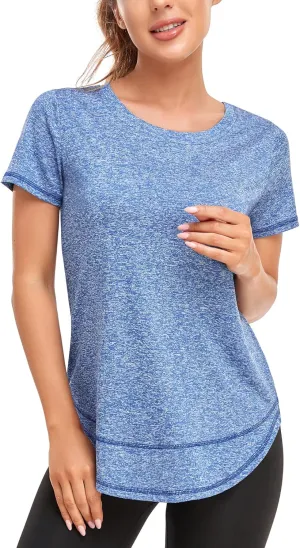 Women's Short Sleeve Workout Shirts Crewneck Sports Yoga Running Dry Fit Tops Side Split Tee