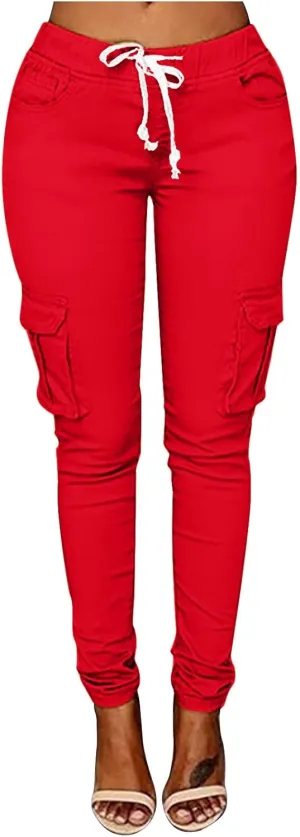 Womens Skinny Cargo Pants Casual Drawstring High Waist Stretch Cargo Joggers Butt Lift Pencil Trousers with Pockets