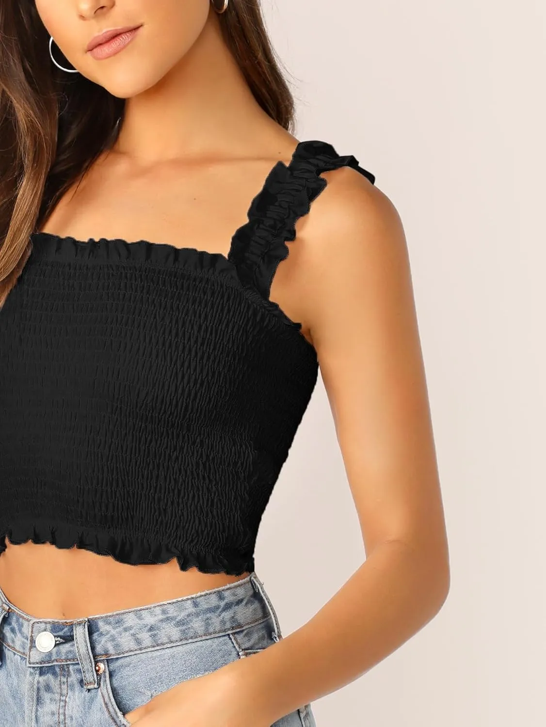 Womens Sleeveless Camisole Tank Tops Blouse Regular Frill Trim Shirred Cropped Top