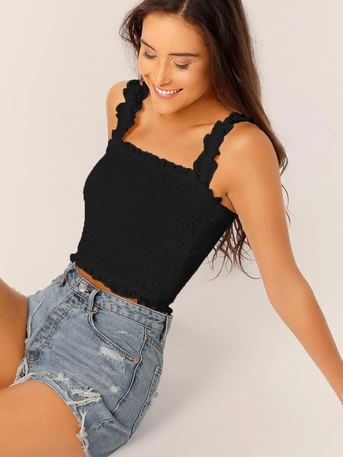 Womens Sleeveless Camisole Tank Tops Blouse Regular Frill Trim Shirred Cropped Top
