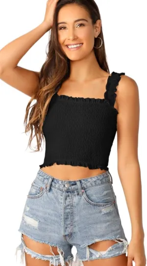 Womens Sleeveless Camisole Tank Tops Blouse Regular Frill Trim Shirred Cropped Top