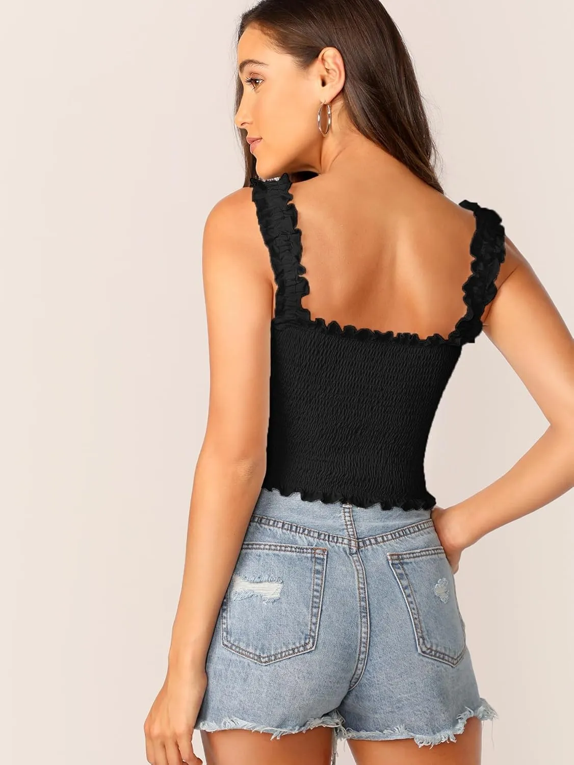 Womens Sleeveless Camisole Tank Tops Blouse Regular Frill Trim Shirred Cropped Top