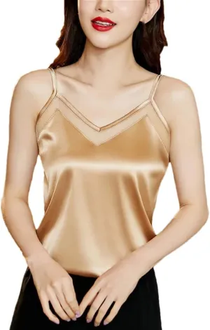 Women's Solid Color Casual V-Neck Hollow Double-Layer Satin Camisole Top