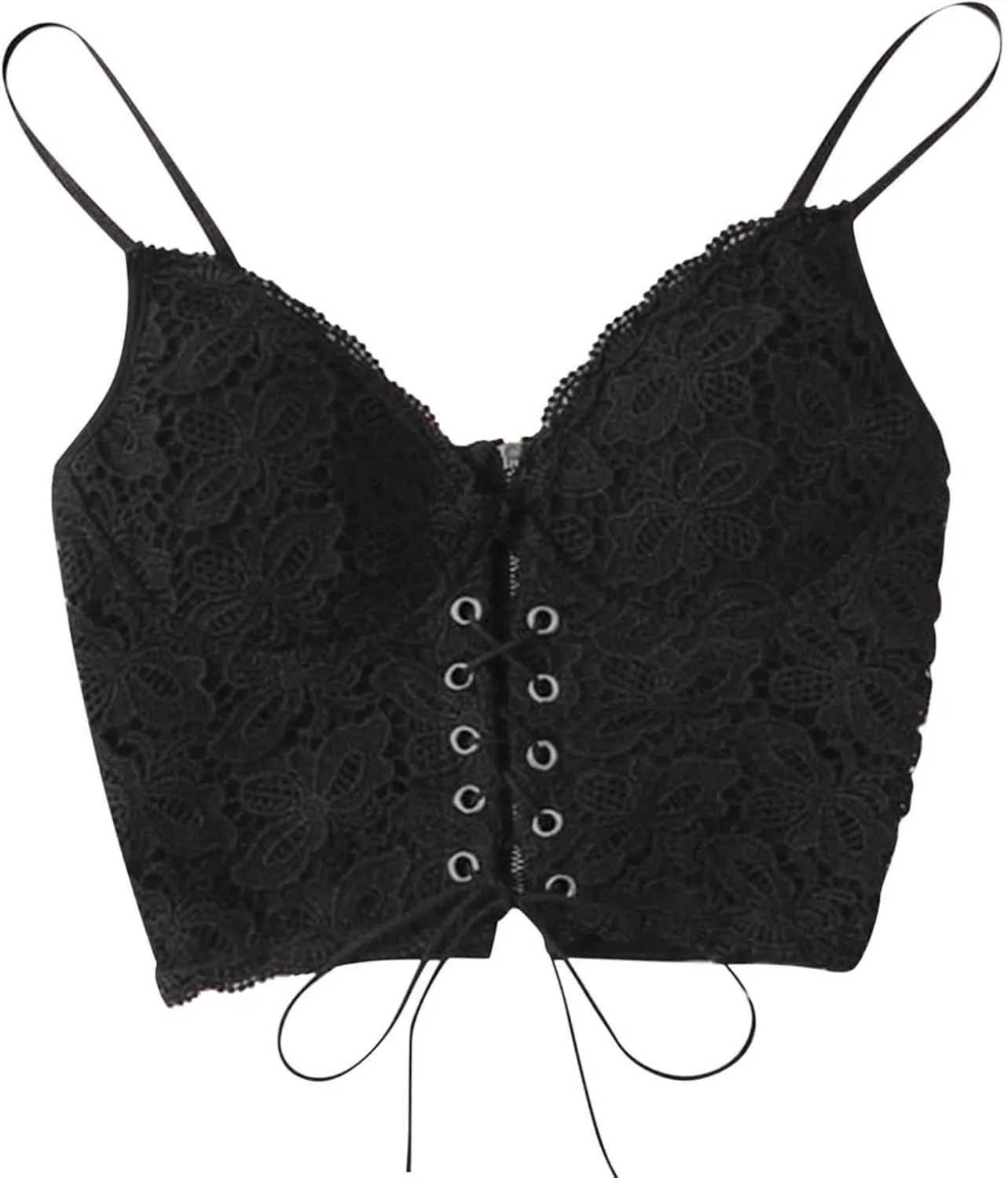 Women's Splicing Lace Sexy Tank Spaghetti Strap Drawstring Trendy Camisole Cropped Solid V Neck with Bulit in Bra