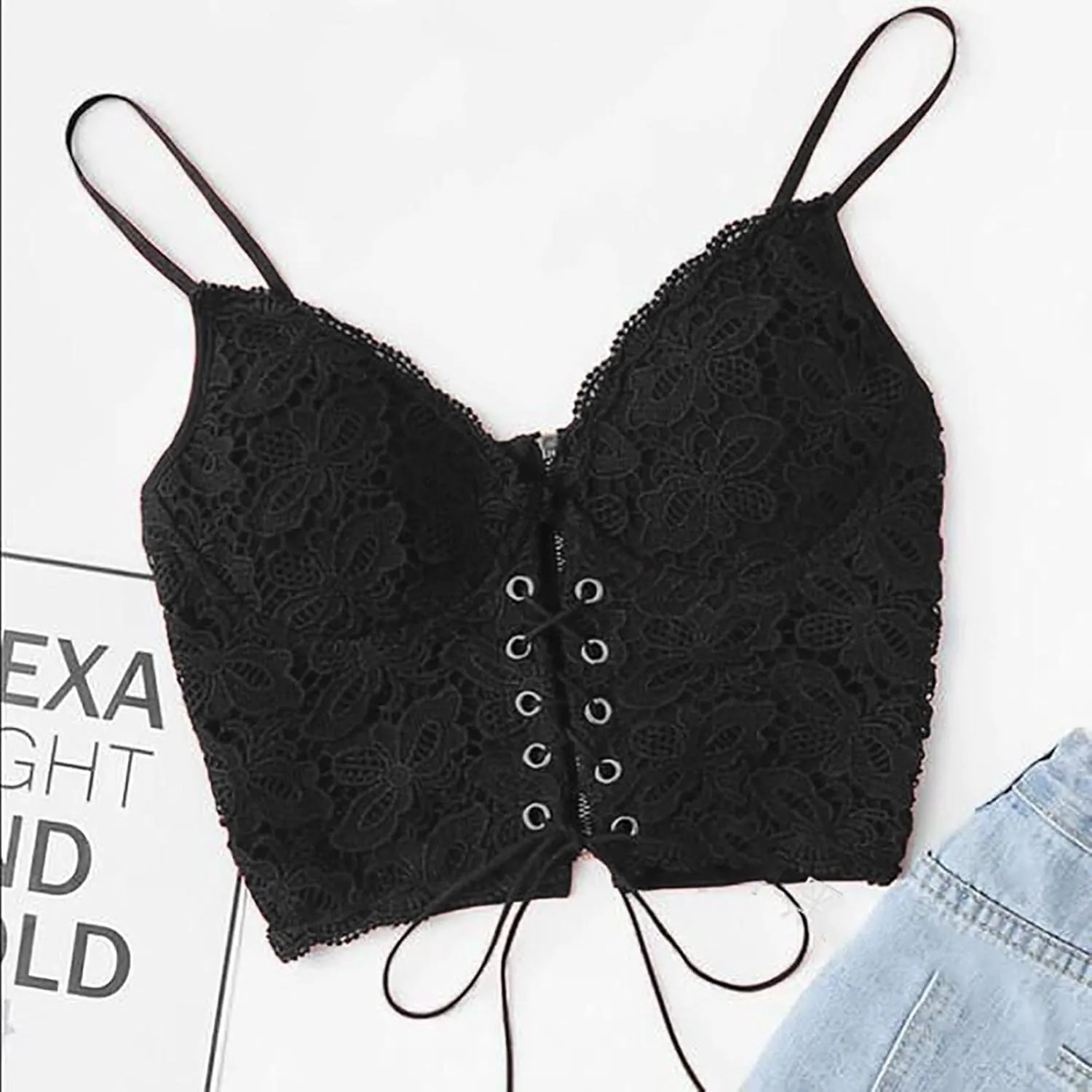 Women's Splicing Lace Sexy Tank Spaghetti Strap Drawstring Trendy Camisole Cropped Solid V Neck with Bulit in Bra