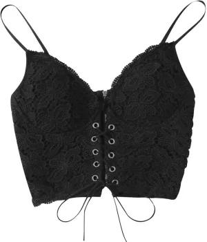Women's Splicing Lace Sexy Tank Spaghetti Strap Drawstring Trendy Camisole Cropped Solid V Neck with Bulit in Bra
