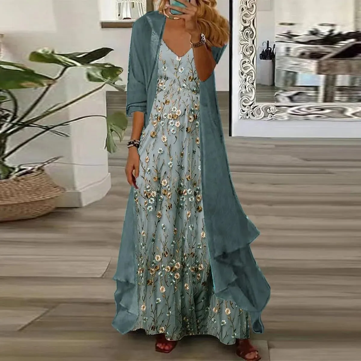 Women's Spring Floral Print Wedding Guest Dress 2 Piece Set with Chiffon Cardigan Elegant Flowy Maxi Dresses