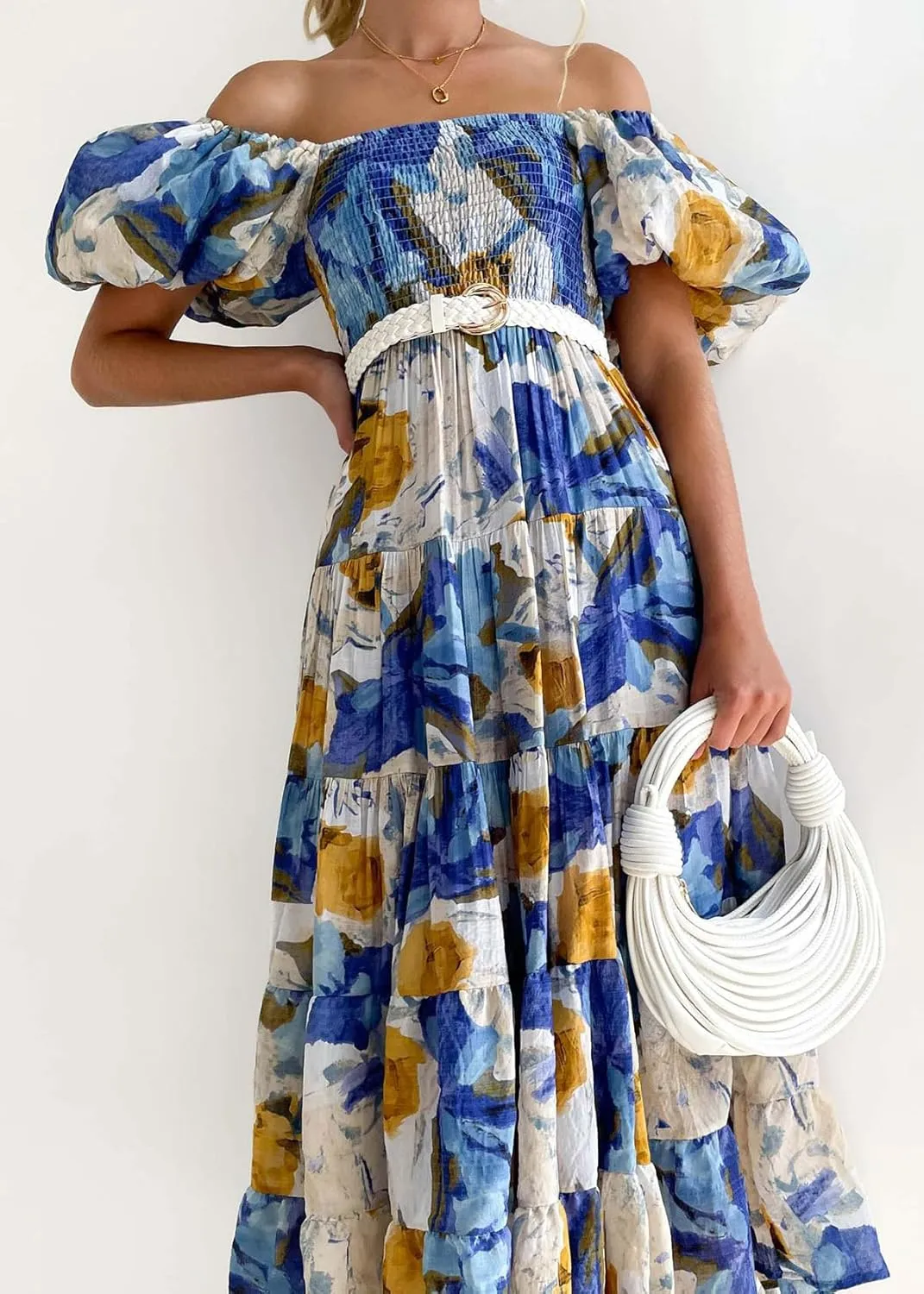Womens Spring Summer Long Dresses Boho Floral Square Neck Midi Dress Puff Short Sleeve Tiered Maxi Dress Beach Sundress
