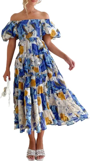 Womens Spring Summer Long Dresses Boho Floral Square Neck Midi Dress Puff Short Sleeve Tiered Maxi Dress Beach Sundress