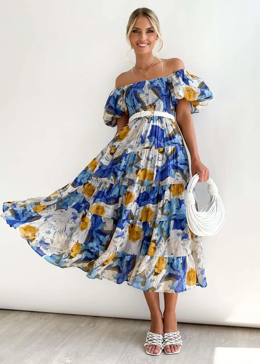 Womens Spring Summer Long Dresses Boho Floral Square Neck Midi Dress Puff Short Sleeve Tiered Maxi Dress Beach Sundress