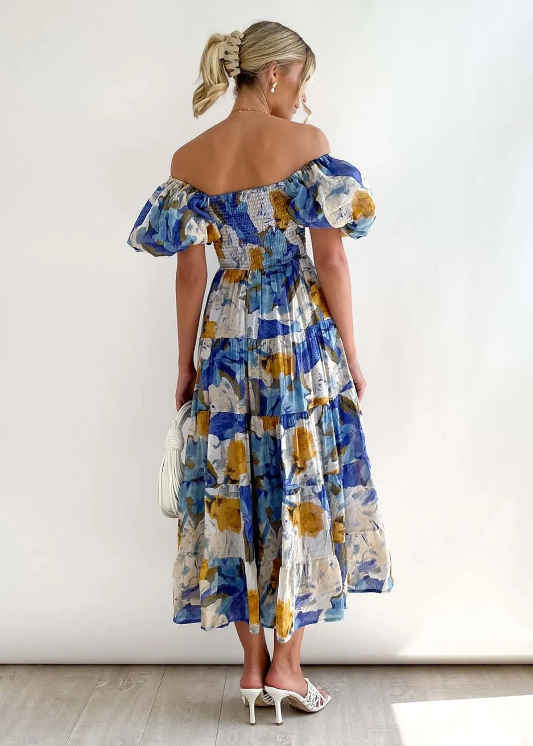 Womens Spring Summer Long Dresses Boho Floral Square Neck Midi Dress Puff Short Sleeve Tiered Maxi Dress Beach Sundress
