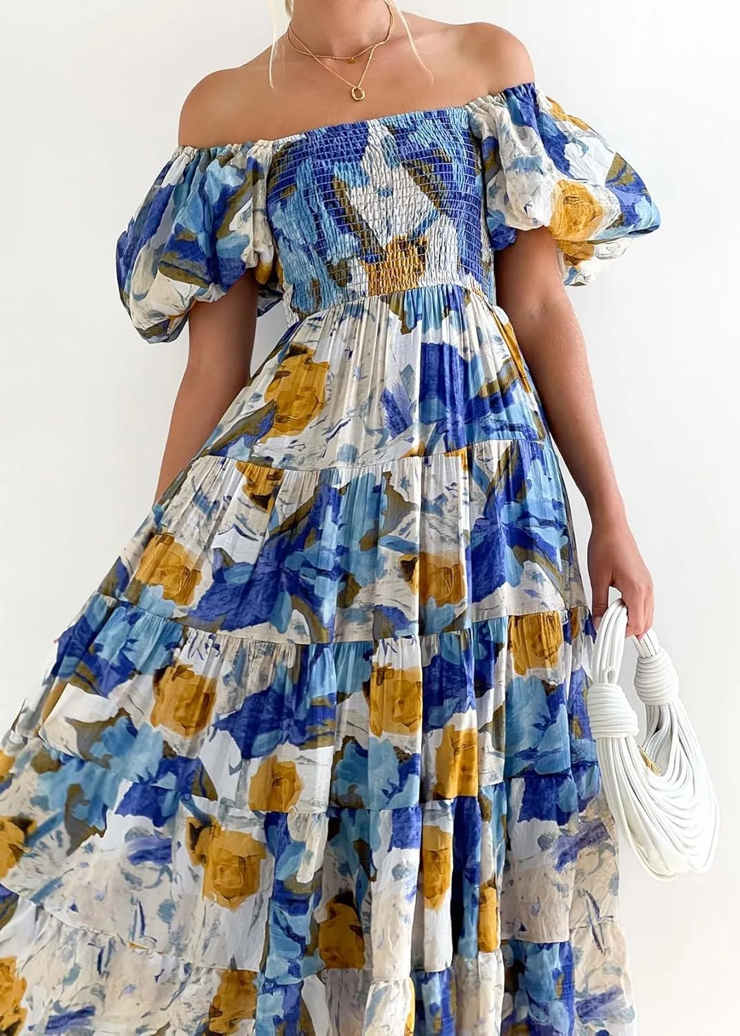 Womens Spring Summer Long Dresses Boho Floral Square Neck Midi Dress Puff Short Sleeve Tiered Maxi Dress Beach Sundress