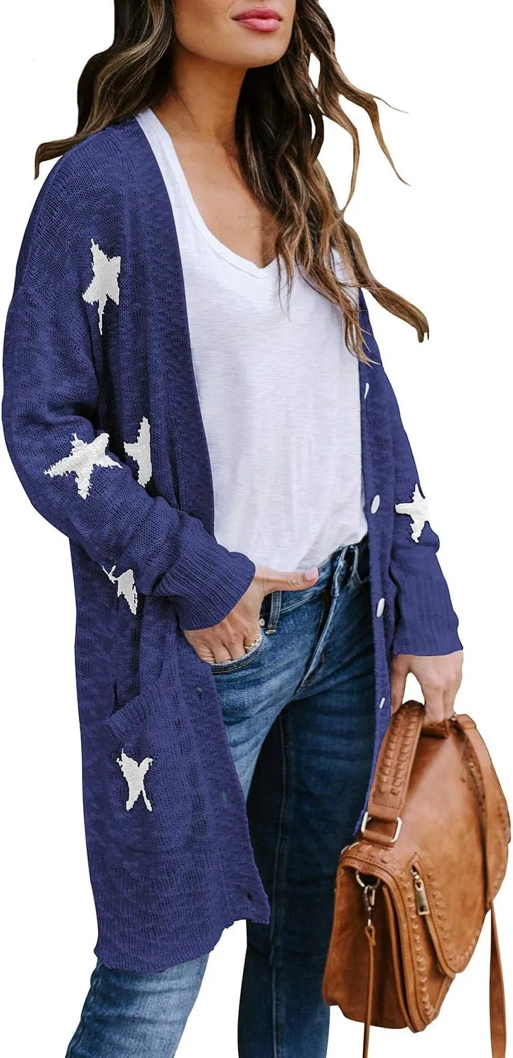 Women's Star Print Button Down Knit Open Front Cardigan Sweaters with Pockets
