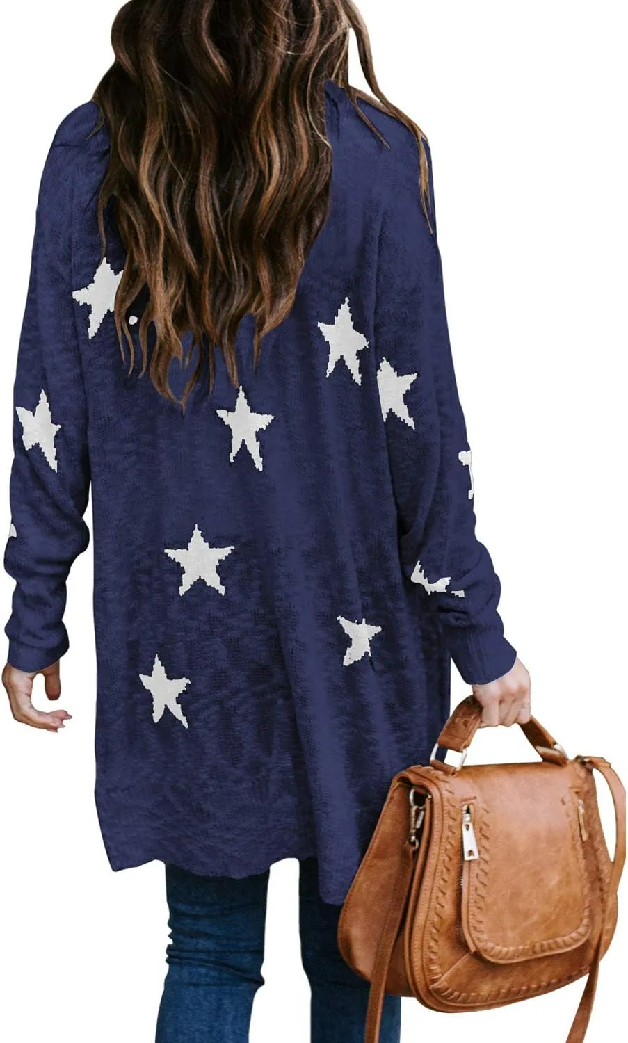 Women's Star Print Button Down Knit Open Front Cardigan Sweaters with Pockets