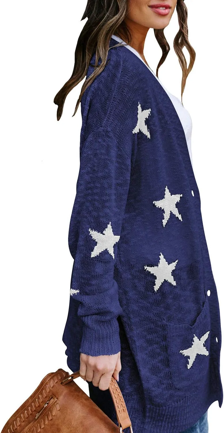 Women's Star Print Button Down Knit Open Front Cardigan Sweaters with Pockets
