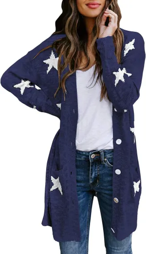 Women's Star Print Button Down Knit Open Front Cardigan Sweaters with Pockets