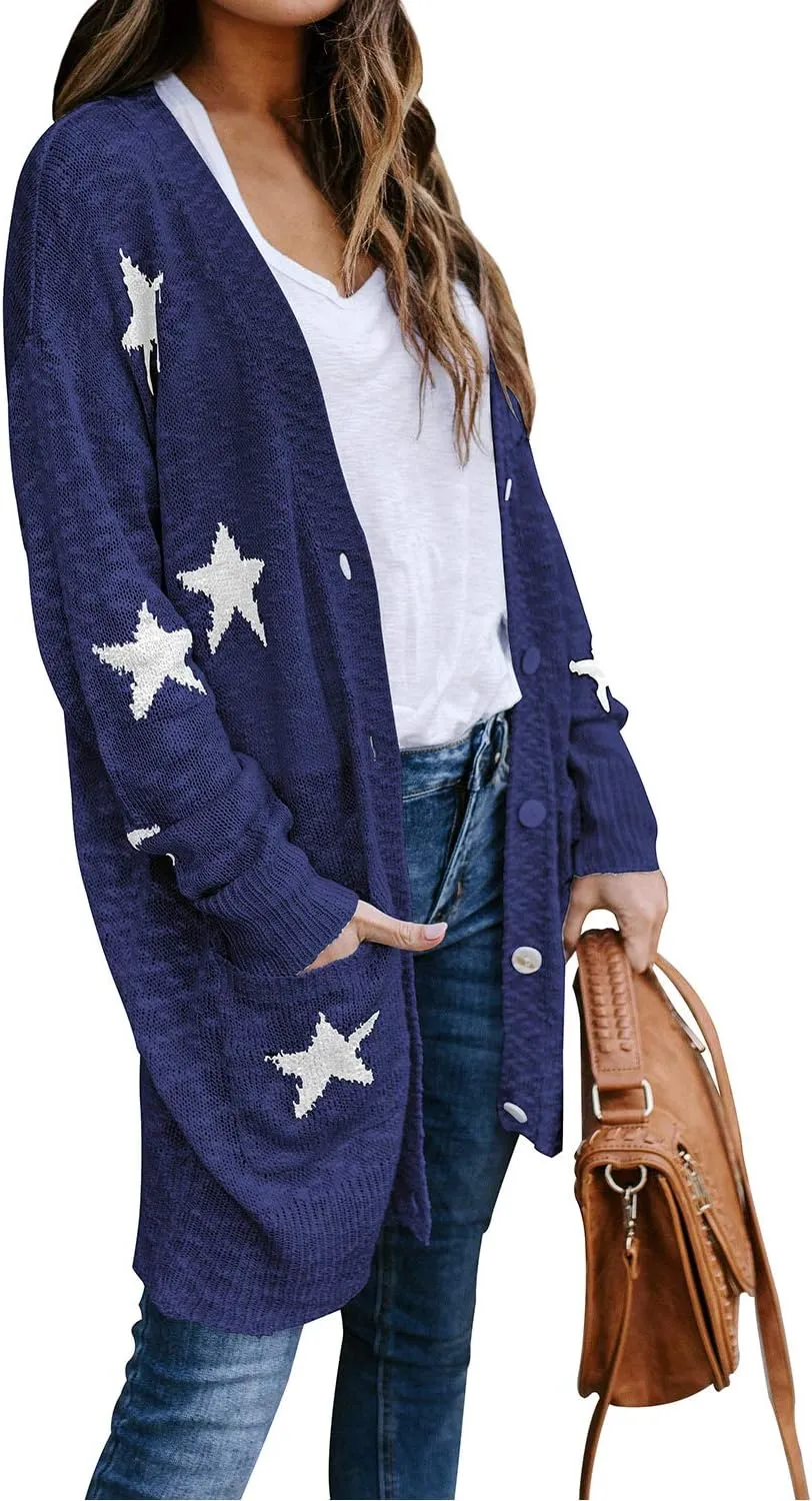 Women's Star Print Button Down Knit Open Front Cardigan Sweaters with Pockets