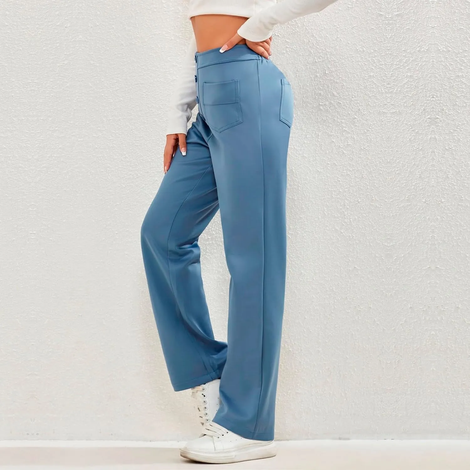 Women's Straight Leg Dress Pants Fahion 2024 High Waisted Button Down Stretchy Business Work Trousers with Pockets