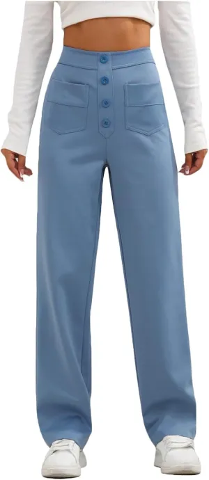 Women's Straight Leg Dress Pants Fahion 2024 High Waisted Button Down Stretchy Business Work Trousers with Pockets