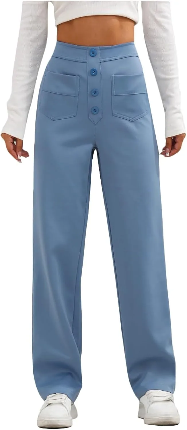 Women's Straight Leg Dress Pants Fahion 2024 High Waisted Button Down Stretchy Business Work Trousers with Pockets
