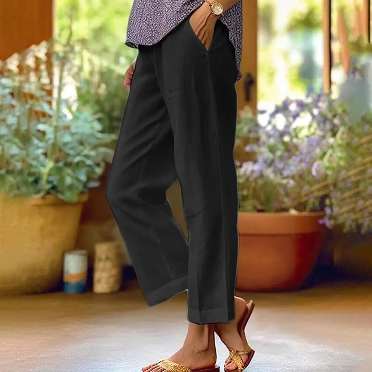 Womens Straight Leg Linen Pants with Pokets High Waist Pants Beach Summer Bottoms Casual Trousers Loungewear
