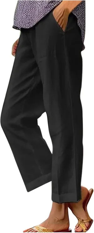 Womens Straight Leg Linen Pants with Pokets High Waist Pants Beach Summer Bottoms Casual Trousers Loungewear