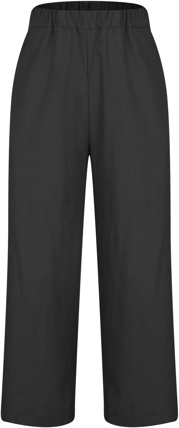 Womens Straight Leg Linen Pants with Pokets High Waist Pants Beach Summer Bottoms Casual Trousers Loungewear