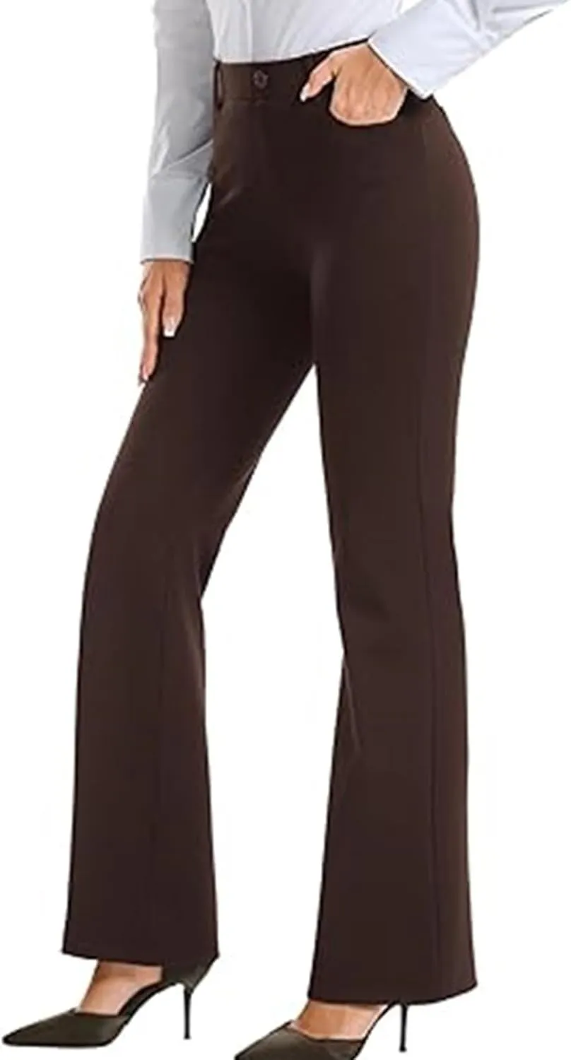 Womens Suit Pants Casual Elastic High Waist Button Wide Leg Pants Businenss Solid Color Bootcut Trouser with Pockets