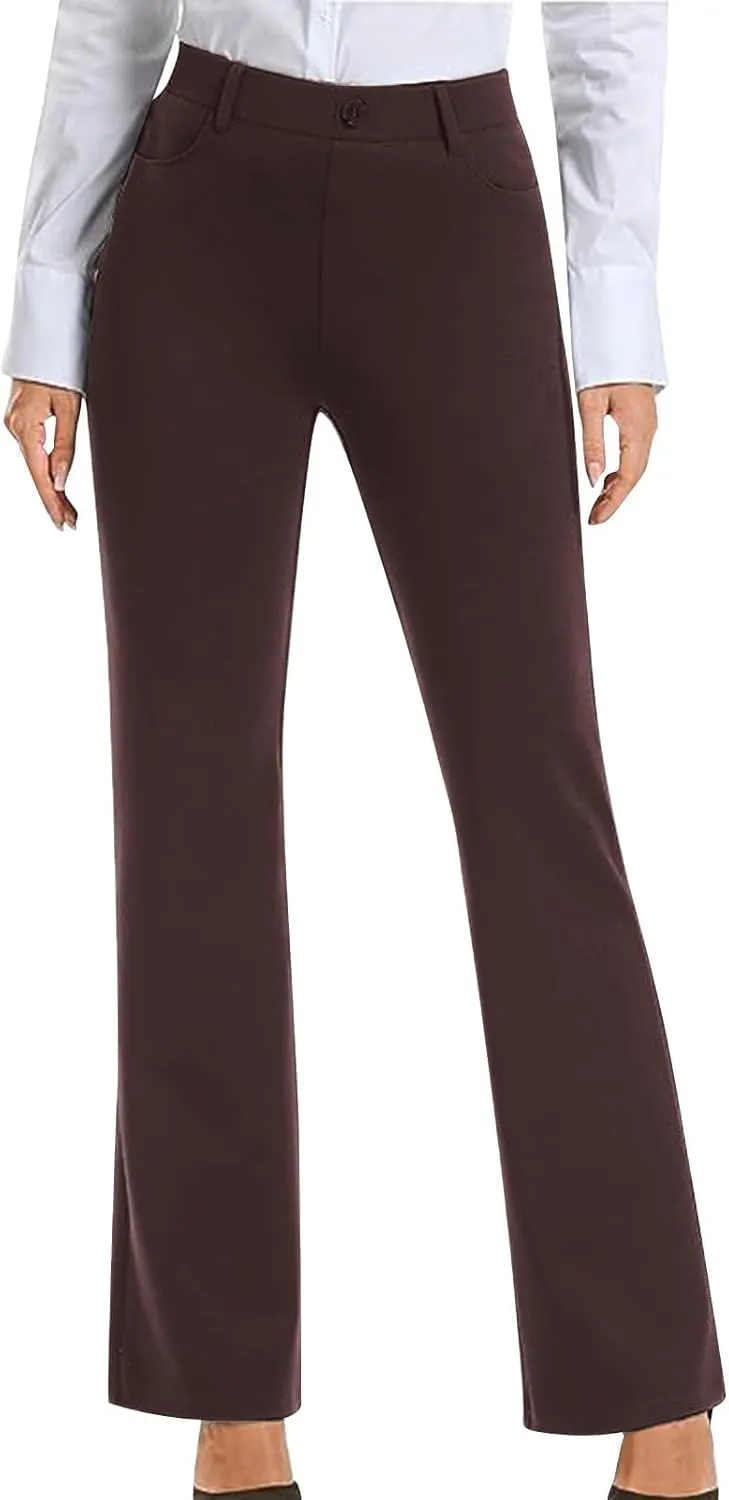 Womens Suit Pants Casual Elastic High Waist Button Wide Leg Pants Businenss Solid Color Bootcut Trouser with Pockets