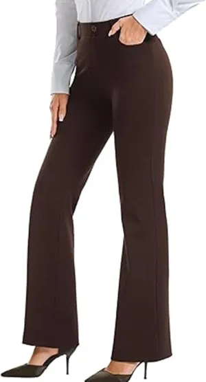 Womens Suit Pants Casual Elastic High Waist Button Wide Leg Pants Businenss Solid Color Bootcut Trouser with Pockets