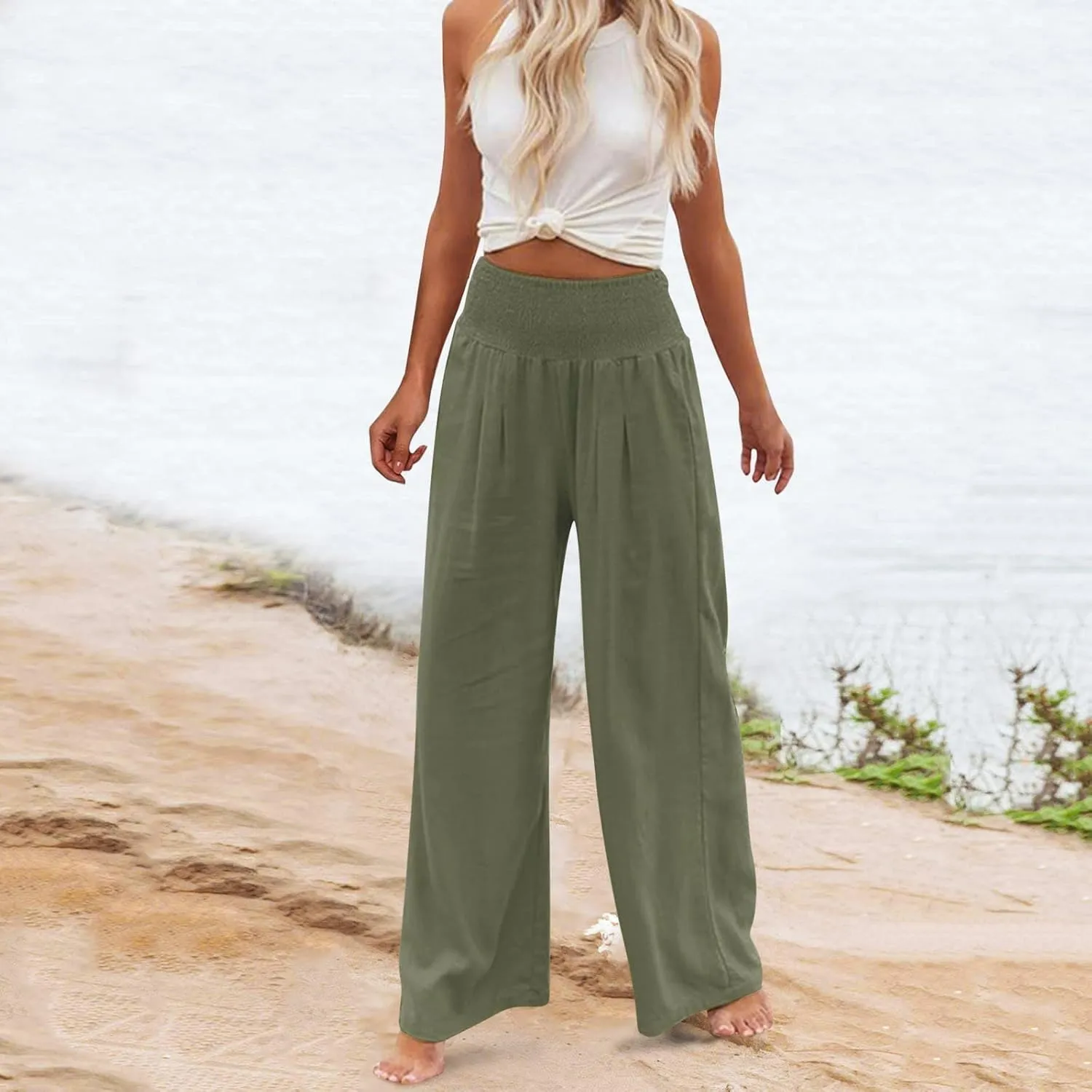 Women's Summer Casual High Waist Stretchy Wide-Leg Trousers with Pockets Cotton Linen Loose Fit Palazzo Pants