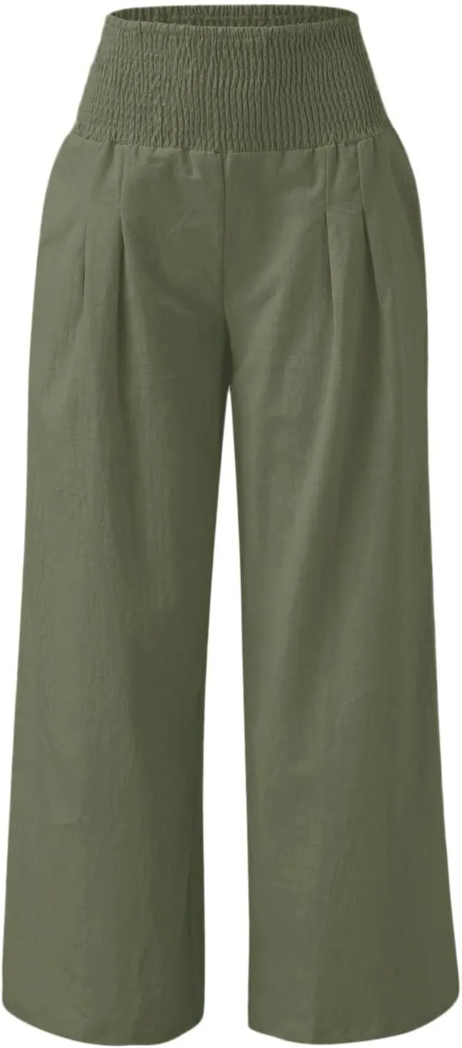 Women's Summer Casual High Waist Stretchy Wide-Leg Trousers with Pockets Cotton Linen Loose Fit Palazzo Pants