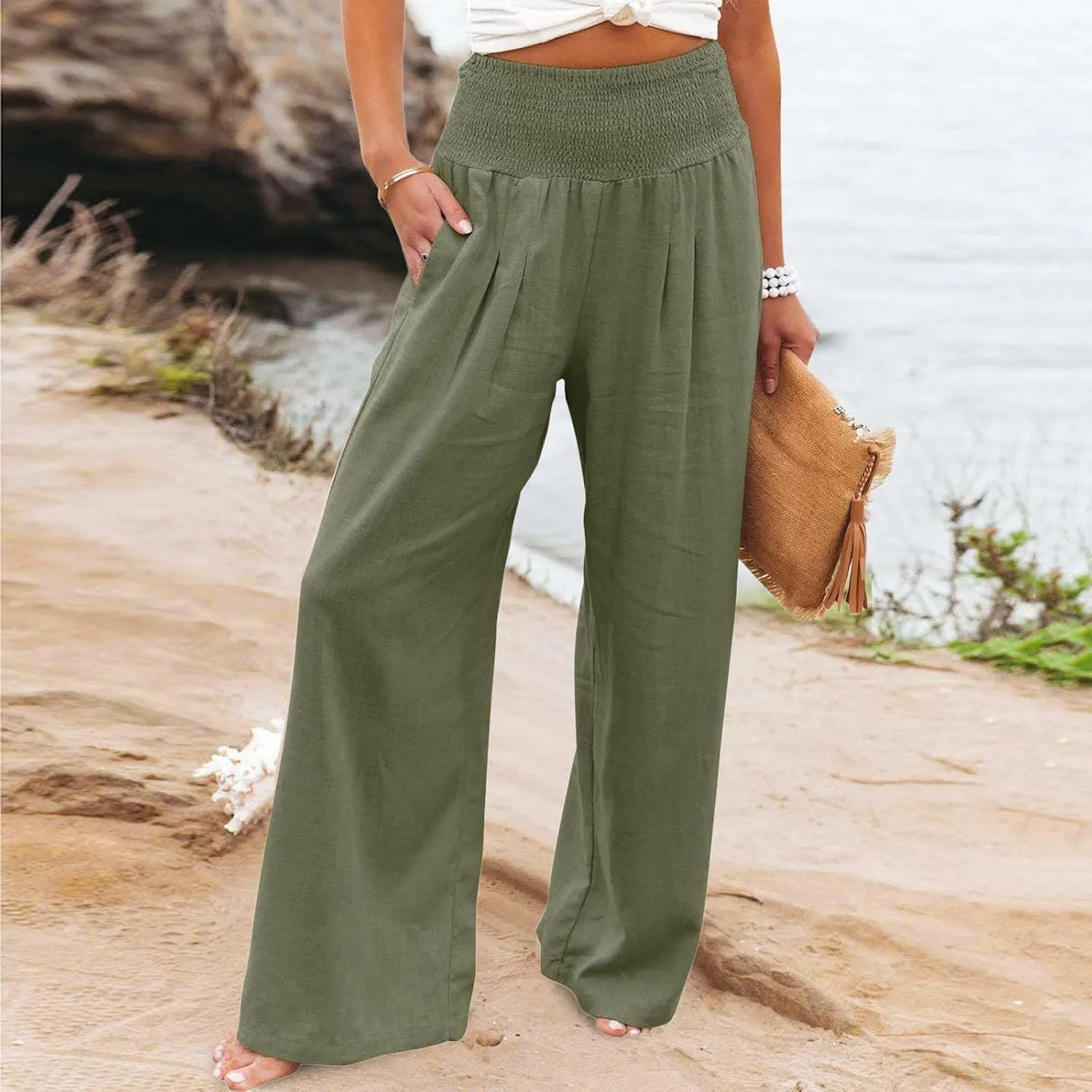 Women's Summer Casual High Waist Stretchy Wide-Leg Trousers with Pockets Cotton Linen Loose Fit Palazzo Pants