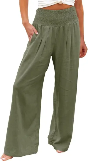 Women's Summer Casual High Waist Stretchy Wide-Leg Trousers with Pockets Cotton Linen Loose Fit Palazzo Pants