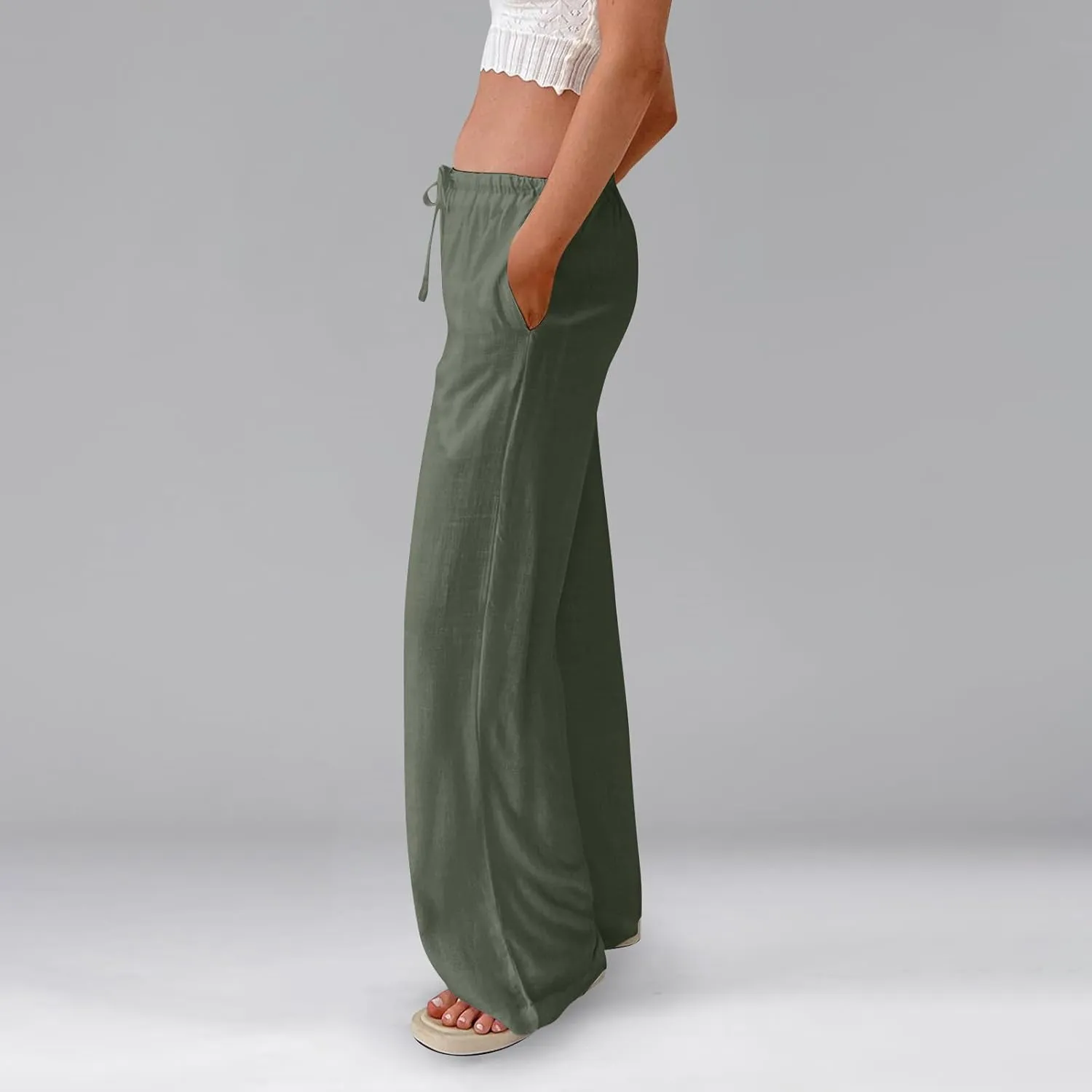 Womens Summer Casual Pant Cotton Linen Button 2025 Flowy Pants & Palazzo Straight High Rise Solid Baggy Clothes Pocket
