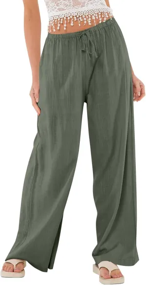 Womens Summer Casual Pant Cotton Linen Button 2025 Flowy Pants & Palazzo Straight High Rise Solid Baggy Clothes Pocket